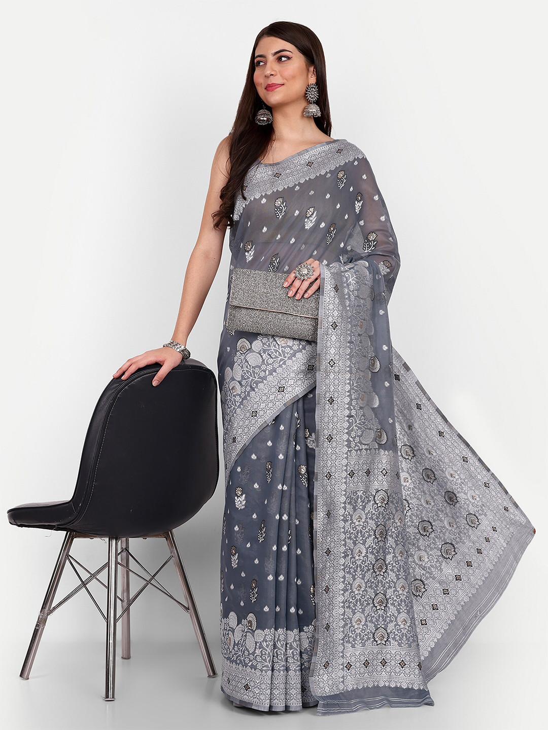 

Jinal & Jinal Ethnic Motifs Woven Design Chanderi Saree, Grey