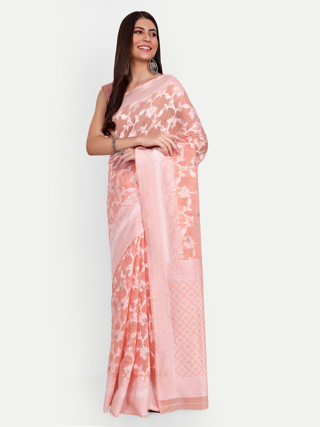 

Jinal & Jinal Ethnic Motifs Woven Design Chanderi Saree, Peach