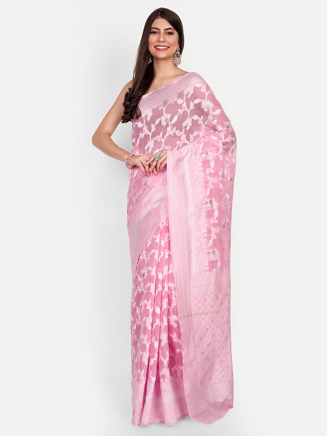 

Jinal & Jinal Ethnic Motifs Woven Design Chanderi Saree, Pink