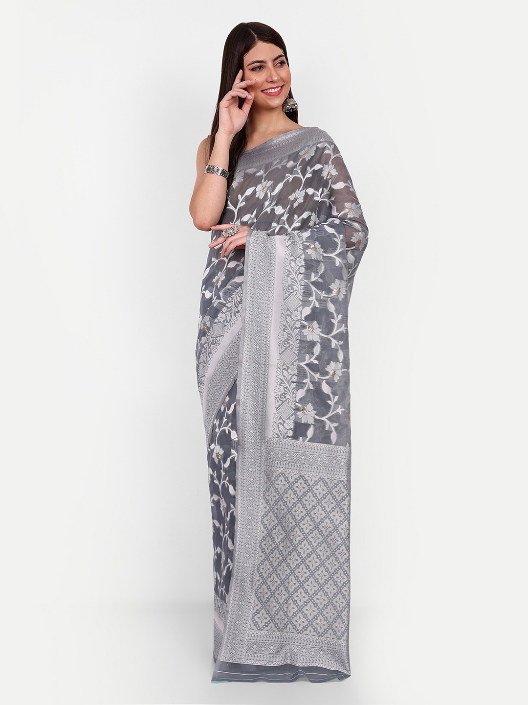 

Jinal & Jinal Ethnic Motifs Woven Design Chanderi Saree, Grey