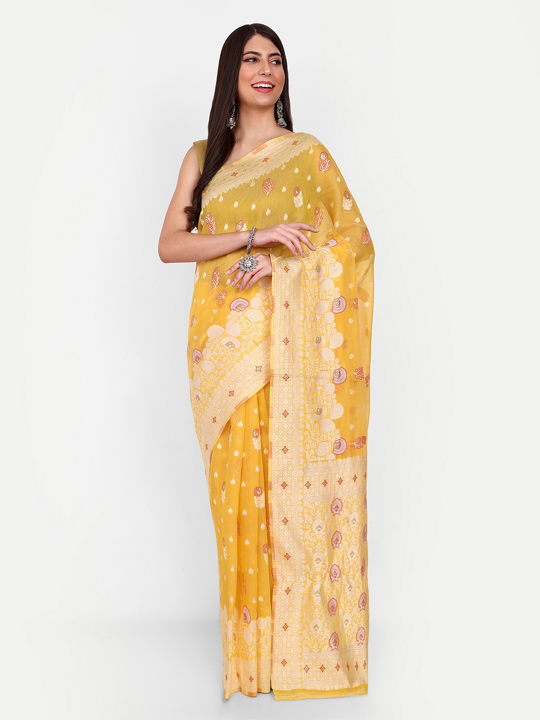 

Jinal & Jinal Ethnic Motifs Woven Design Chanderi Saree, Yellow