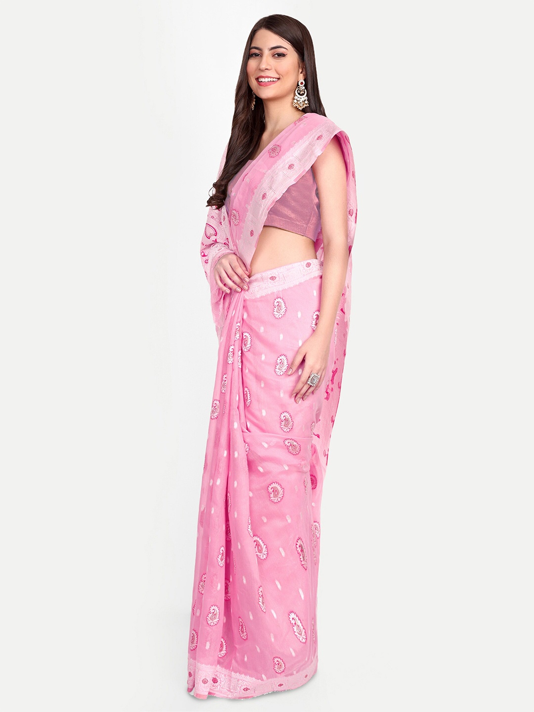 

Jinal & Jinal Paisley Woven Design Chanderi Saree, Pink