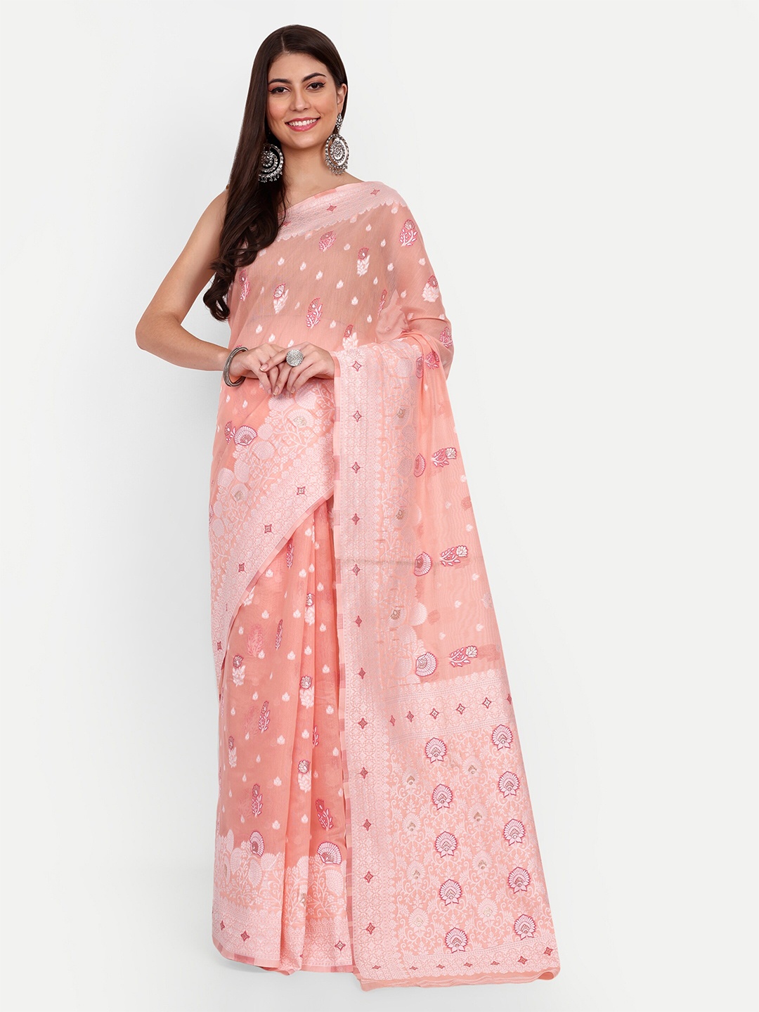 

Jinal & Jinal Ethnic Motifs Woven Design Chanderi Saree, Peach