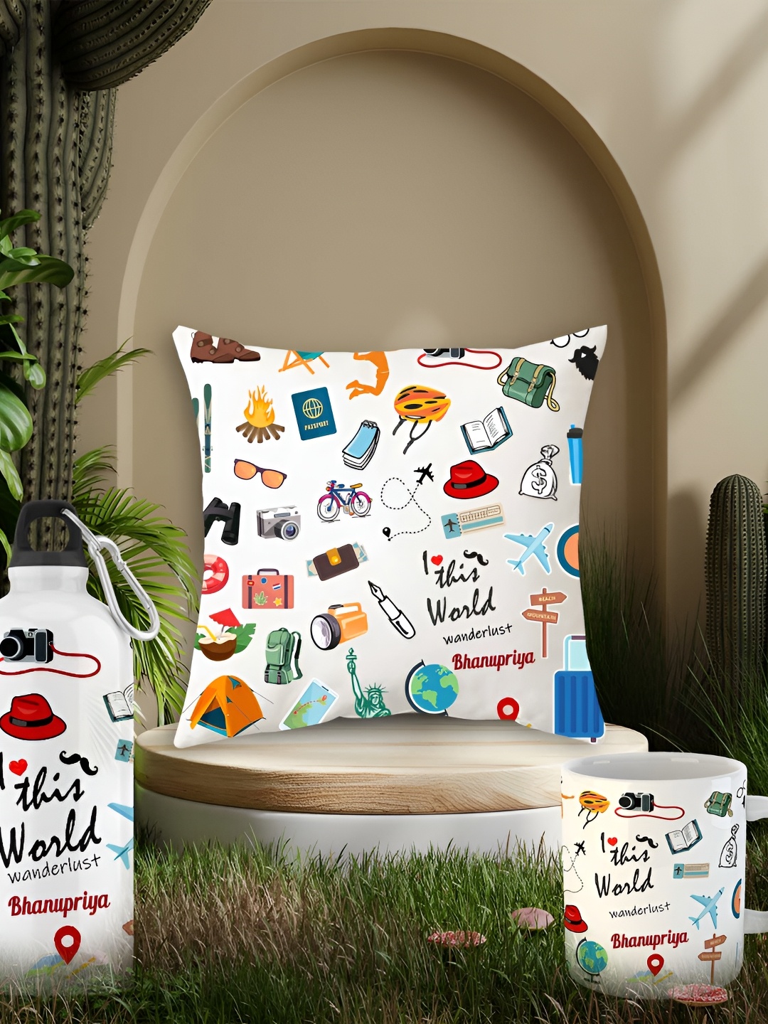 

ARTBUG 3-pcs White Bhanupriya Printed Wanderlust Theme Cushion & Mug with Sipper Gift Set