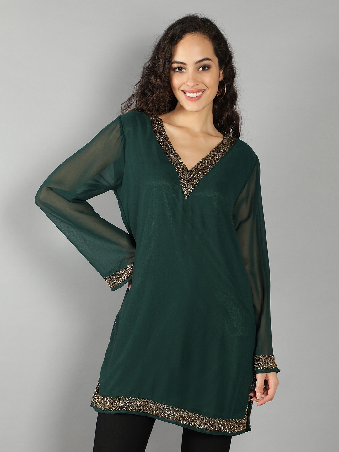 

DEBONATELLA Embellished Beads Detail V-Neck Pure Georgette Kurti, Green