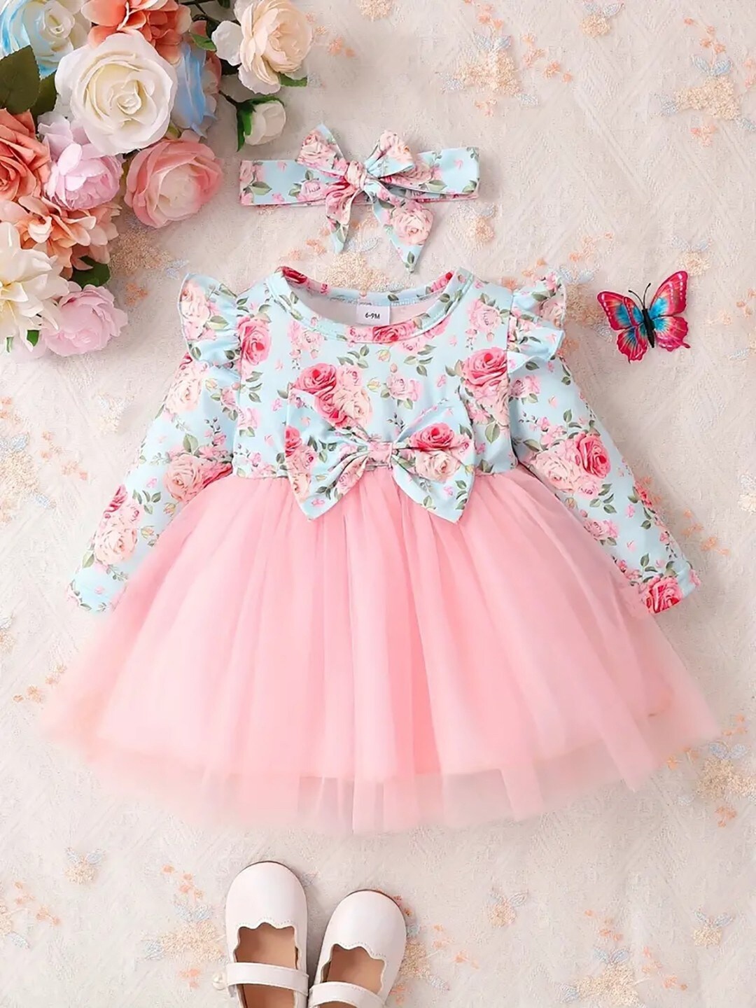 

BAESD Floral Printed Net Ruffles Fit and Flare Dress, Pink
