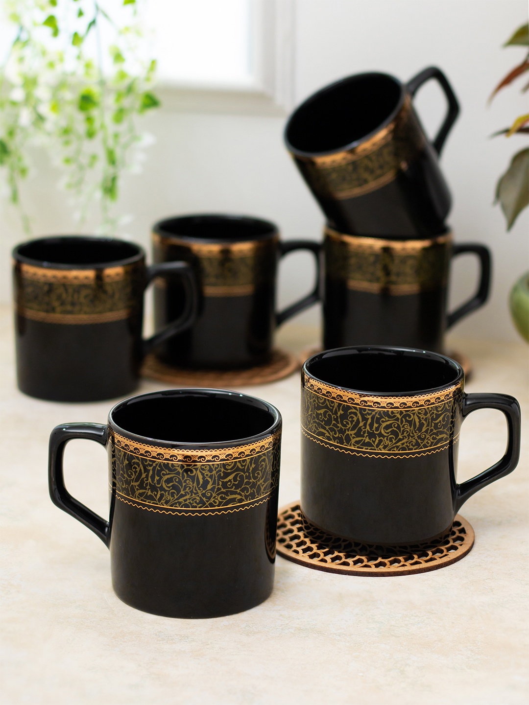 

CLAY CRAFT Black 6 pieces Floral Printed Ceramic Glossy Cups