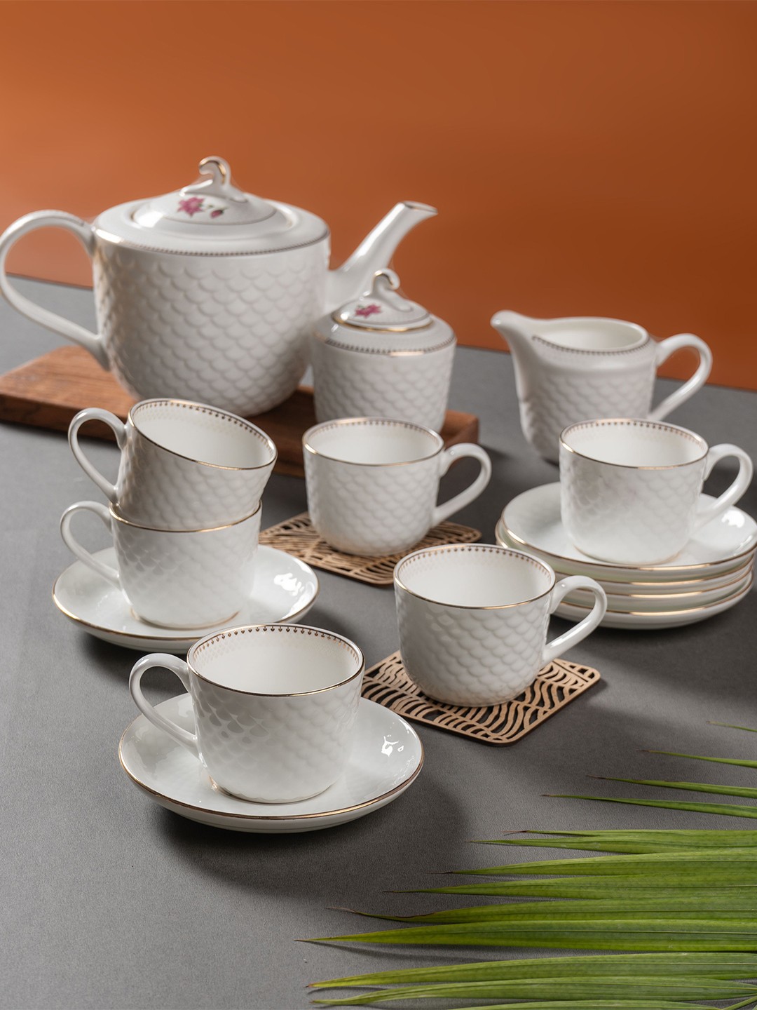 

CLAY CRAFT White 15 Pieces Floral Printed Ceramic Glossy Kettle Set