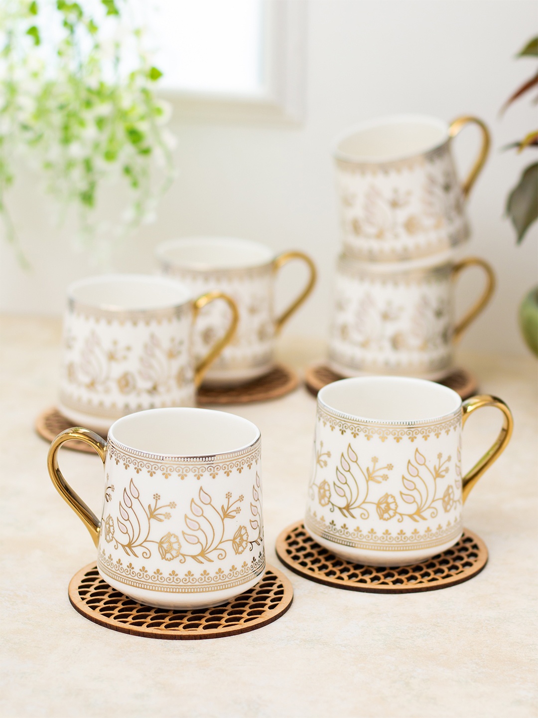 

CLAY CRAFT White & Gold Toned 6 Pieces Floral Printed Ceramic Tea Cups 200ml