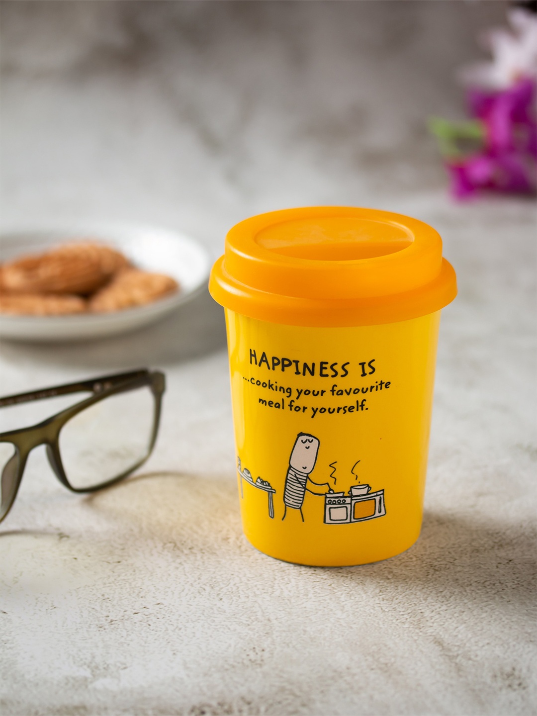 

CLAY CRAFT Yellow 2 Pieces Printed Ceramic Glossy Coffee Mugs 350 ML Each