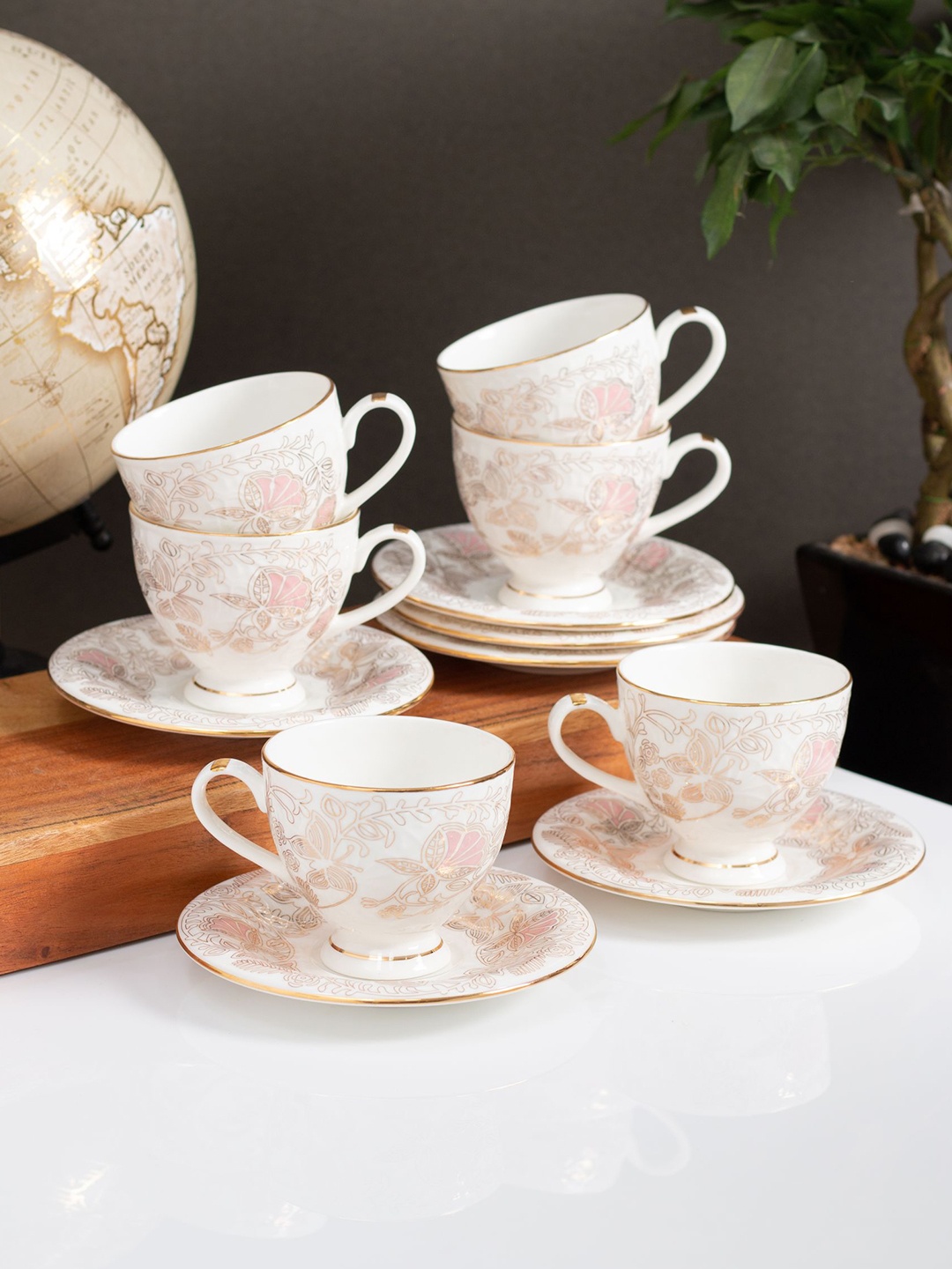 

CLAY CRAFT White & Beige 12 Pieces Floral Printed Ceramic Glossy Cups and Saucers 180 ml