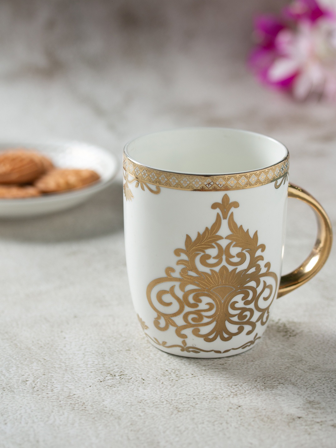 

CLAY CRAFT White & Gold Toned 2 Pieces Printed Ceramic Glossy Mugs 350 ML Each