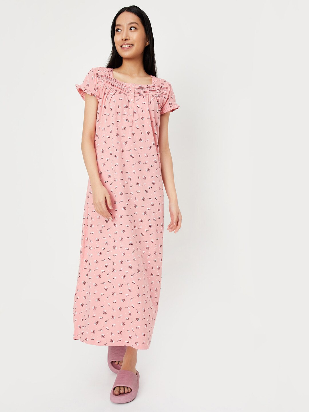 

max Floral Printed Pure Cotton Maxi Nightdress, Pink
