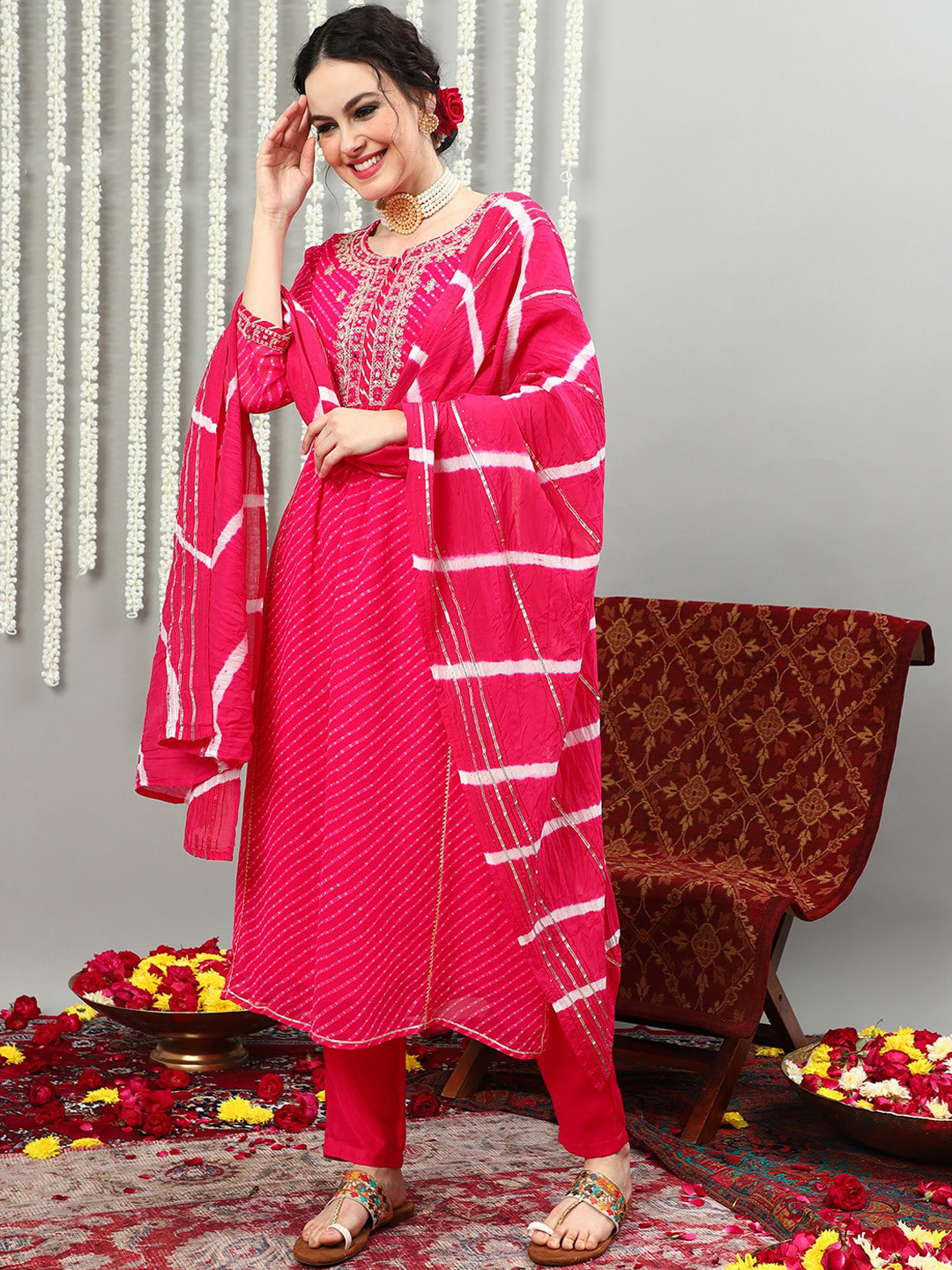 

Sangria Pink Printed & Embroidered A-Line Kurta With Trouser & Dupatta Set