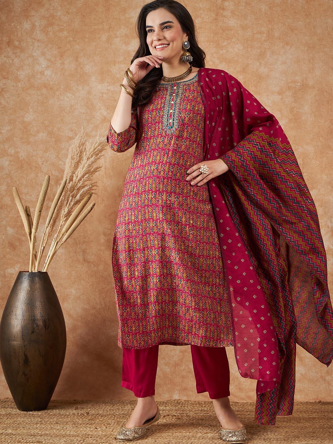 

Sangria Floral Printed Embroidered Pure Silk Straight Kurta With Trouser & Dupatta, Red
