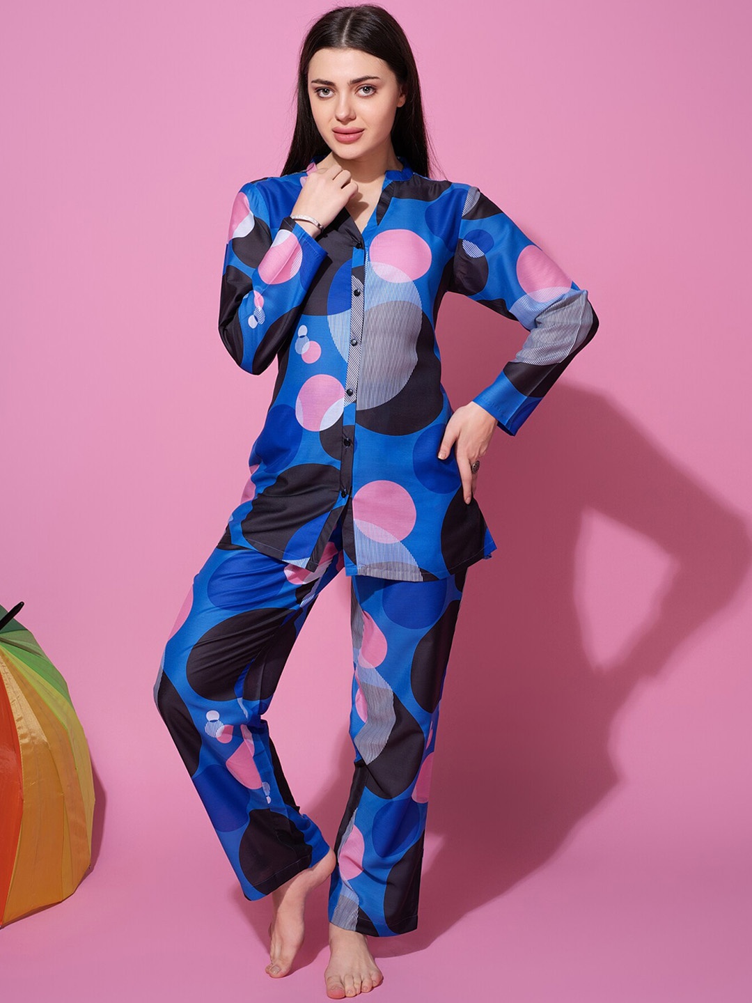 

Bannos Swagger Blue & Pink Geometric Printed Button Down Detailing Nightsuit