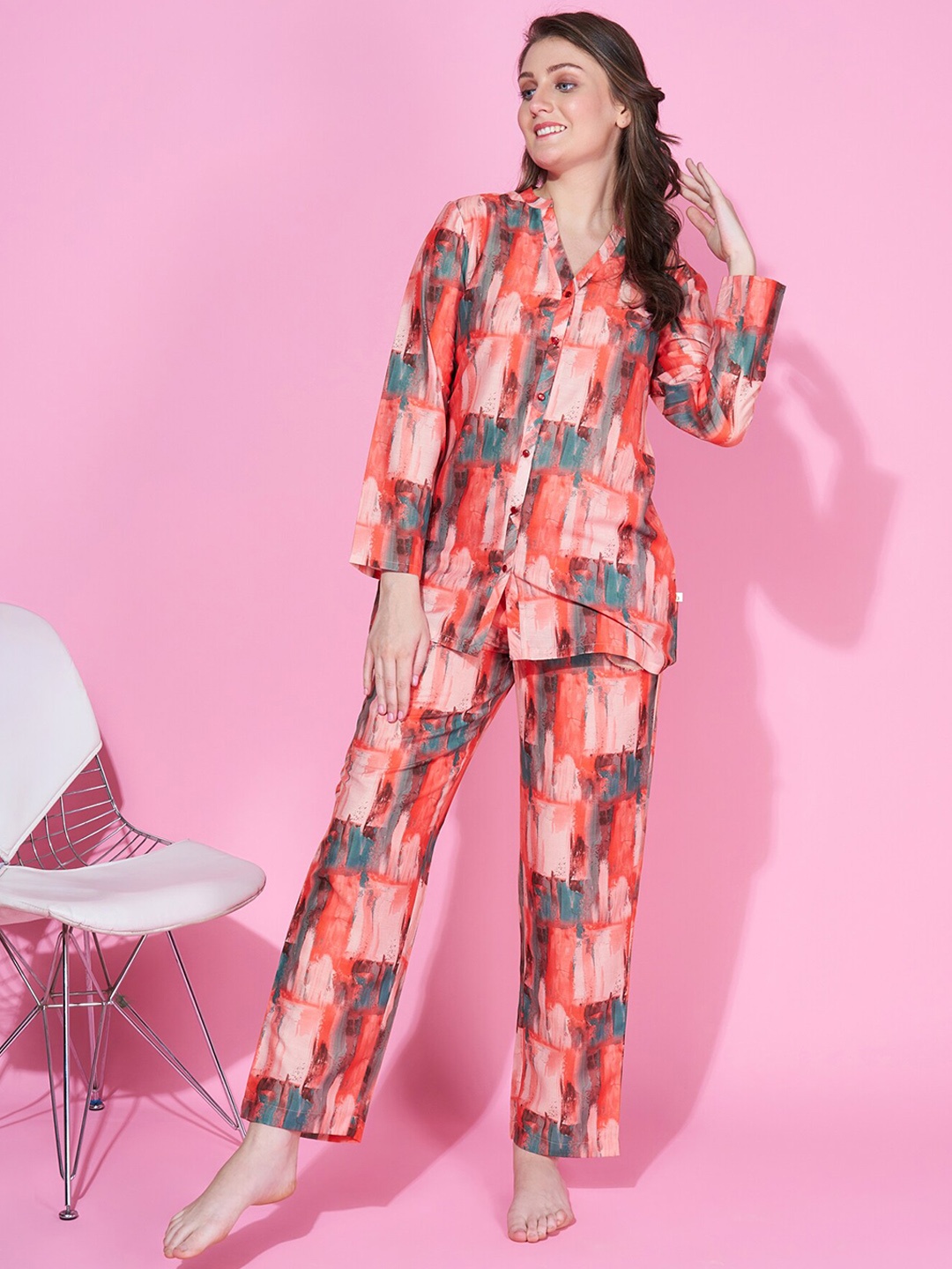 

Bannos Swagger Pink & Green Abstract Printed Button Down Detailing Night suit