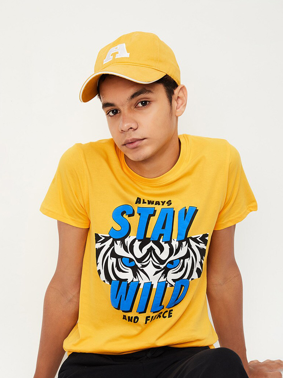 

max Boys Typographic Printed Regular Fit Pure Cotton T-shirt, Yellow