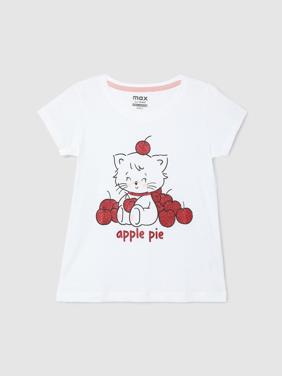 

max Girls Graphic Printed Regular Fit Pure Cotton T-shirt, White