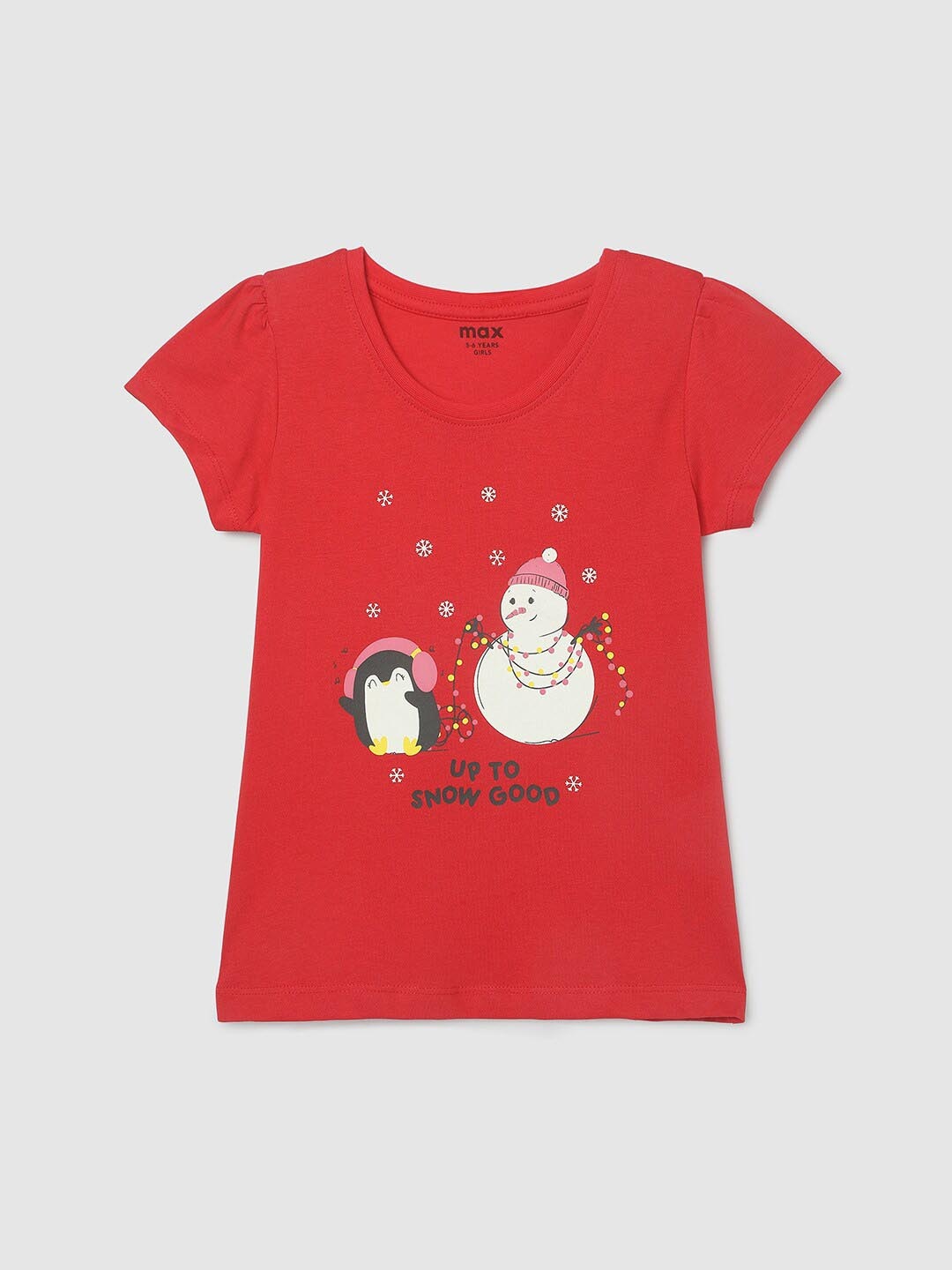 

max Girls Graphic Printed Regular Fit Puff Sleeves Pure Cotton T-shirt, Red