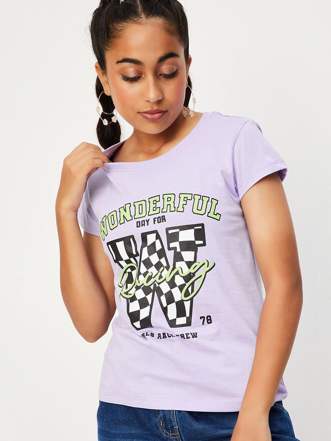 

max Girls Typographic Printed Regular Fit Pure Cotton T-shirt, Purple