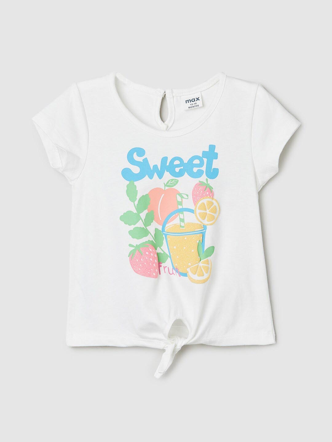 

max Infant Girls Graphic Printed Pure Cotton Tie Up Hemline Top, White