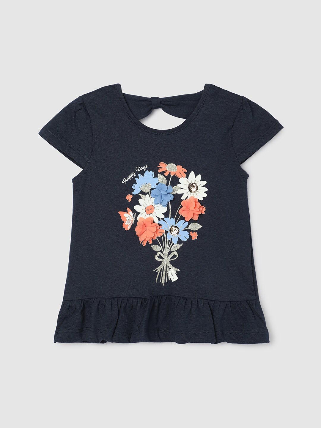 

max Infant Girls Floral Printed and Applique Puff Sleeves Top, Navy blue