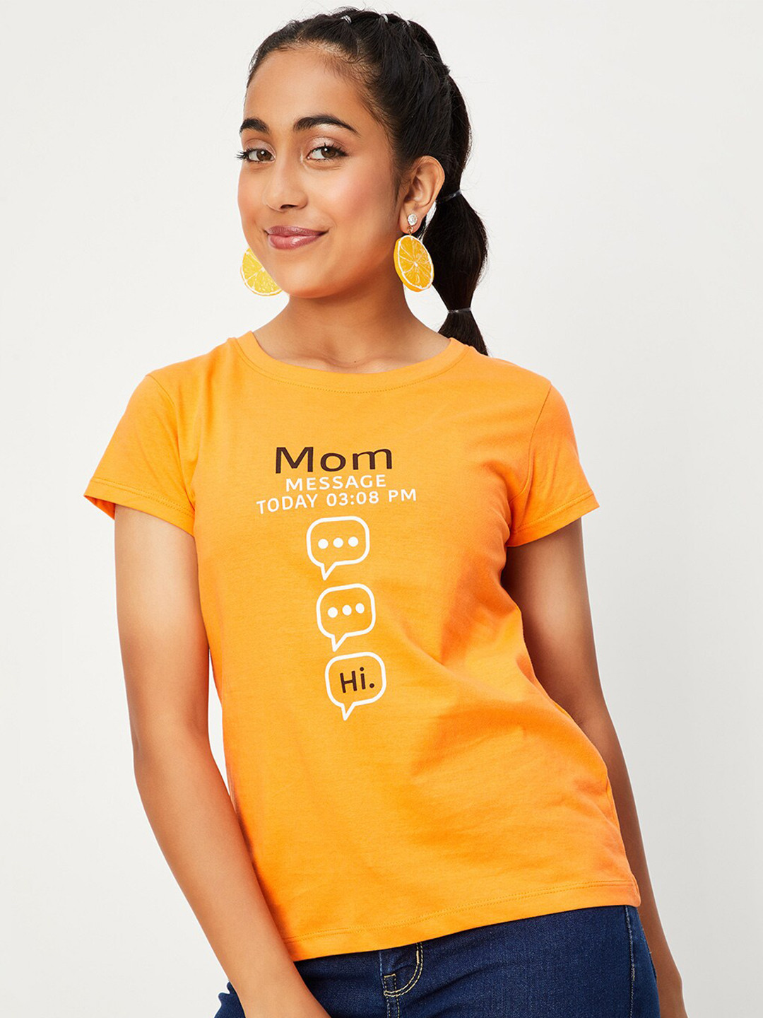 

max Girls Typographic Printed Regular Fit Pure Cotton T-shirt, Orange