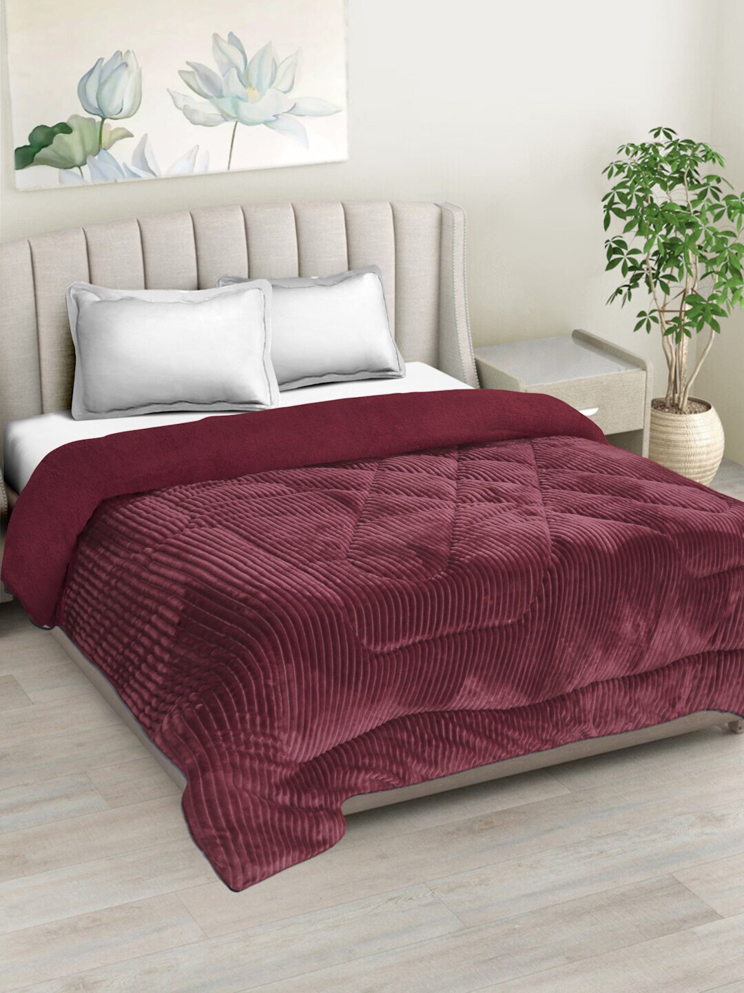 

HOSTA HOMES Maroon Striped Heavy Winter 300 GSM Double Bed Quilt