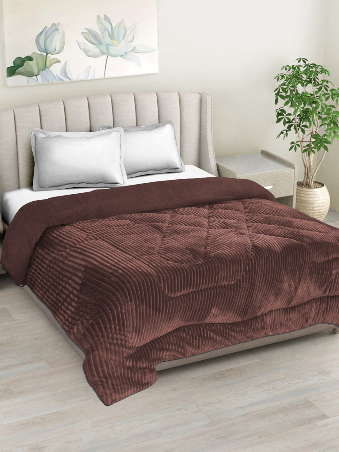 

HOSTA HOMES Brown Striped Heavy Winter 300 GSM Double Bed Quilt