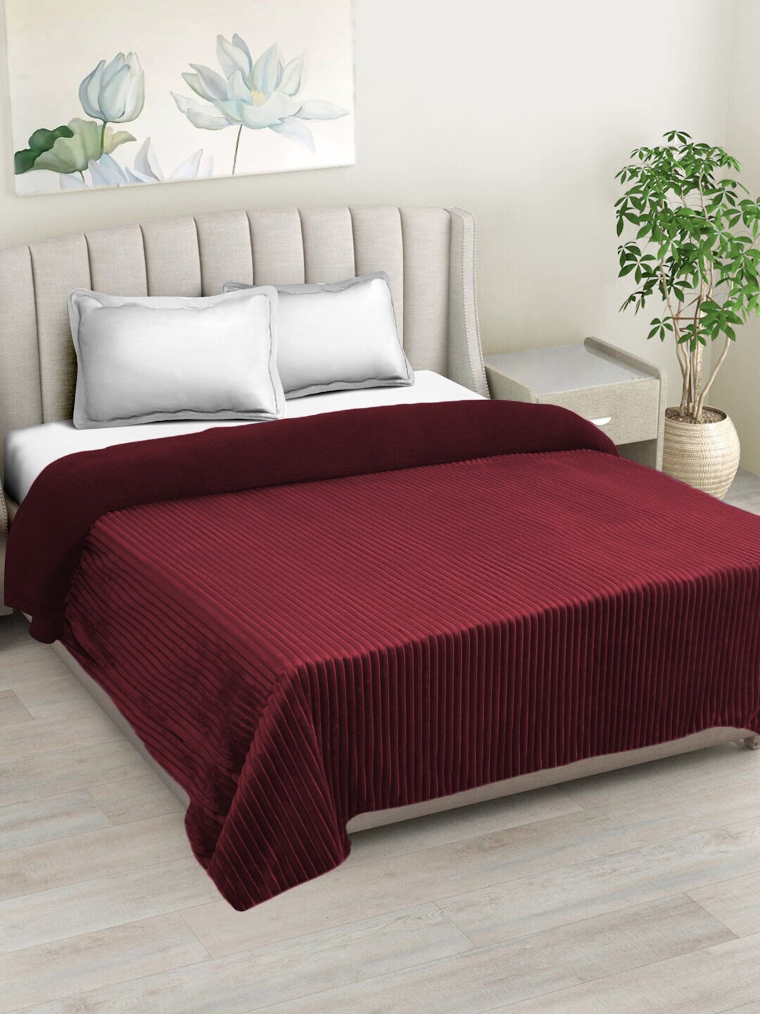

HOSTA HOMES Maroon Striped Heavy Winter 300 GSM Double Bed Blanket