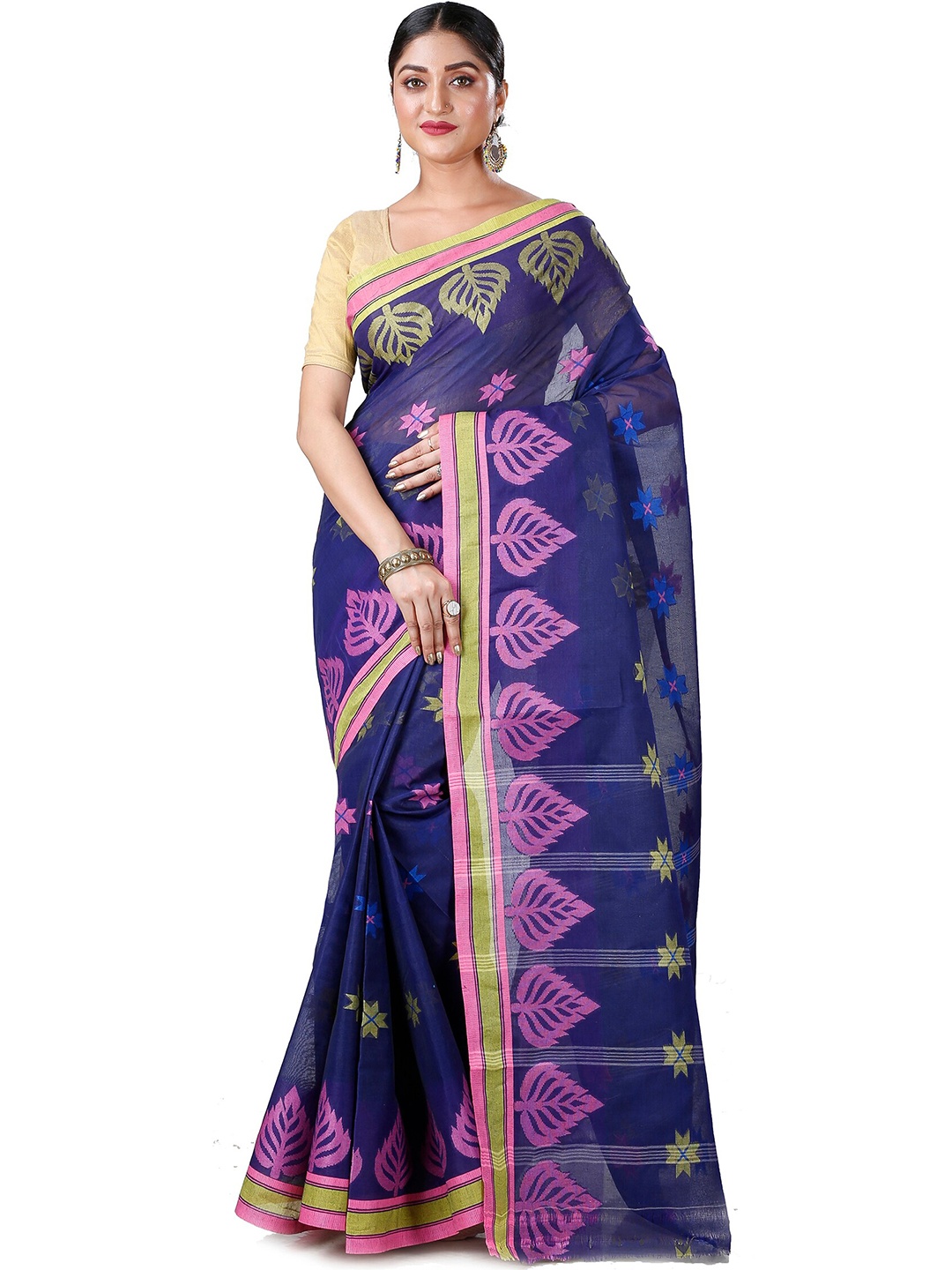 

DipDiya Ethnic Motifs Woven Design Pure Cotton Taant Saree, Navy blue