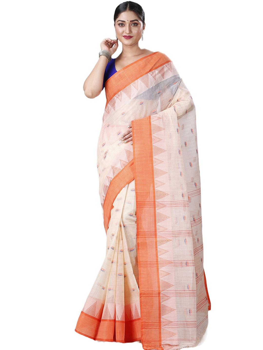 

DipDiya Ethnic Motifs Woven Design Pure Cotton Taant Saree, Orange