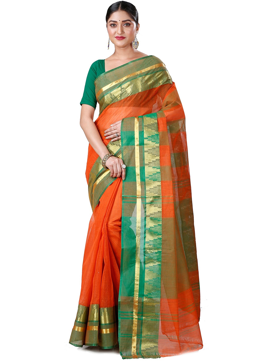 

DipDiya Ethnic Motifs Woven Design Zari Pure Cotton Taant Saree, Orange