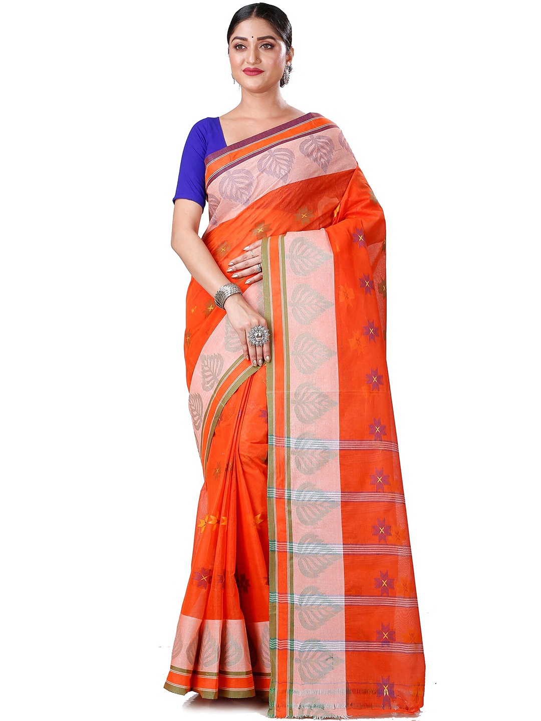 

DipDiya Ethnic Motifs Woven Design Zari Pure Cotton Taant Saree, Orange