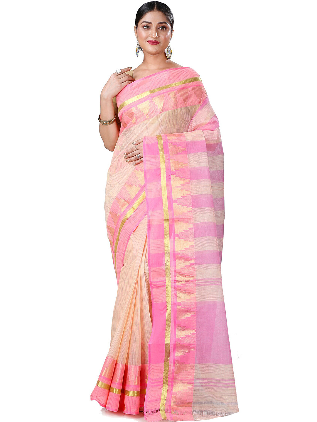

DipDiya Ethnic Motifs Woven Design Pure Cotton Taant Saree, Pink