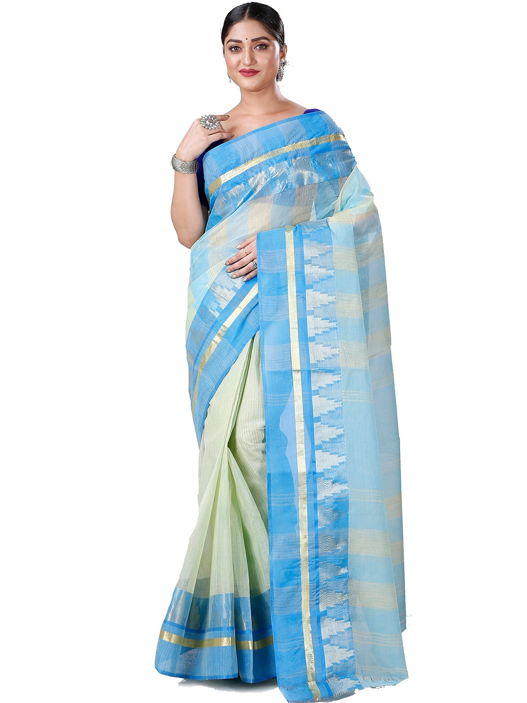 

DipDiya Ethnic Motifs Woven Design Pure Cotton Taant Saree, Blue