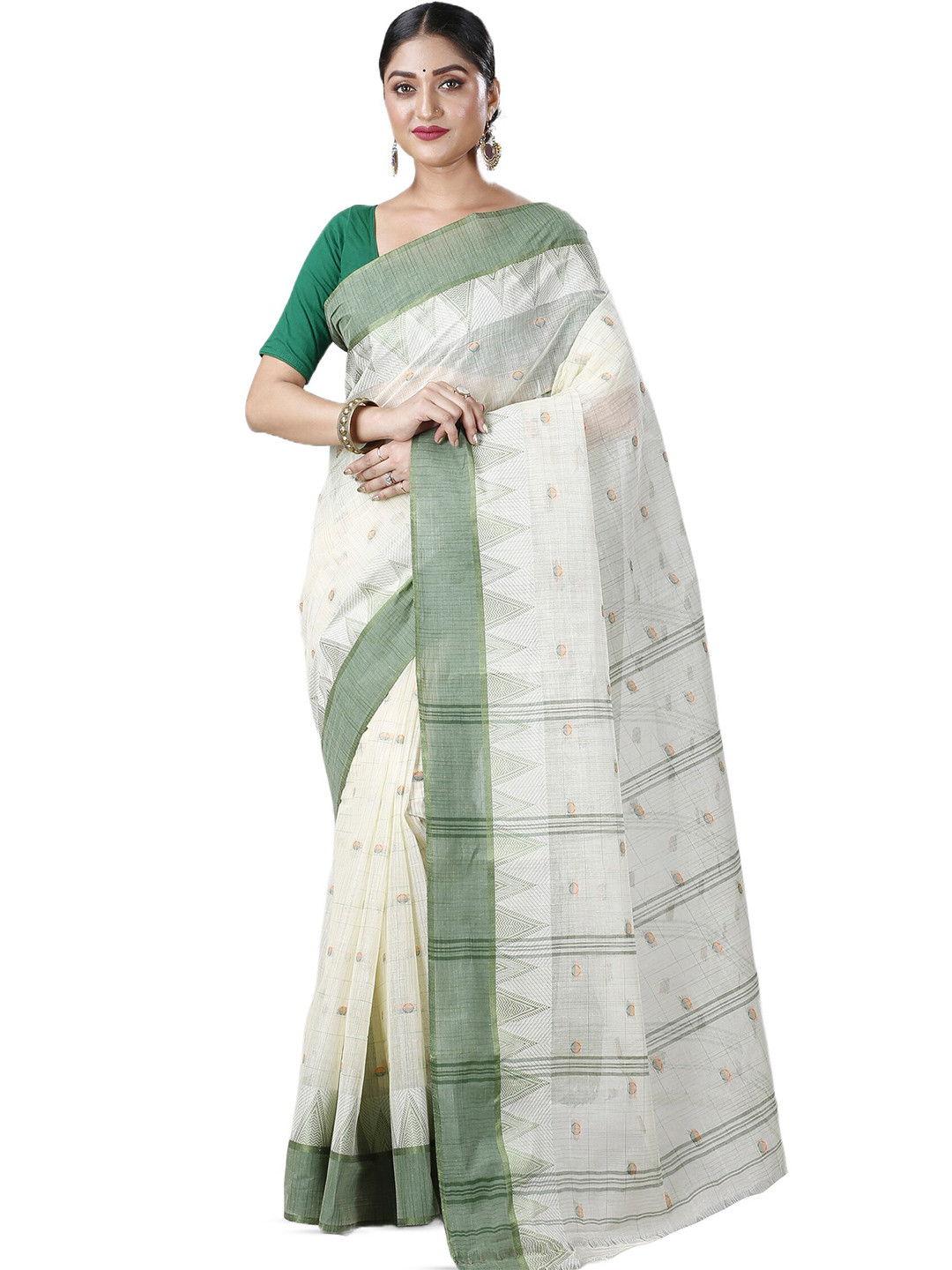 

DipDiya Ethnic Motifs Woven Design Zari Pure Cotton Taant Saree, Green
