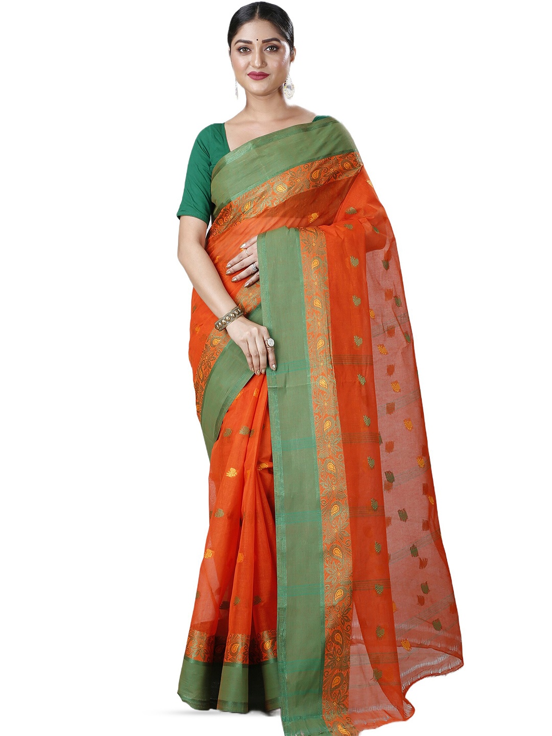 

DipDiya Ethnic Motifs Woven Design Pure Cotton Taant Saree, Orange