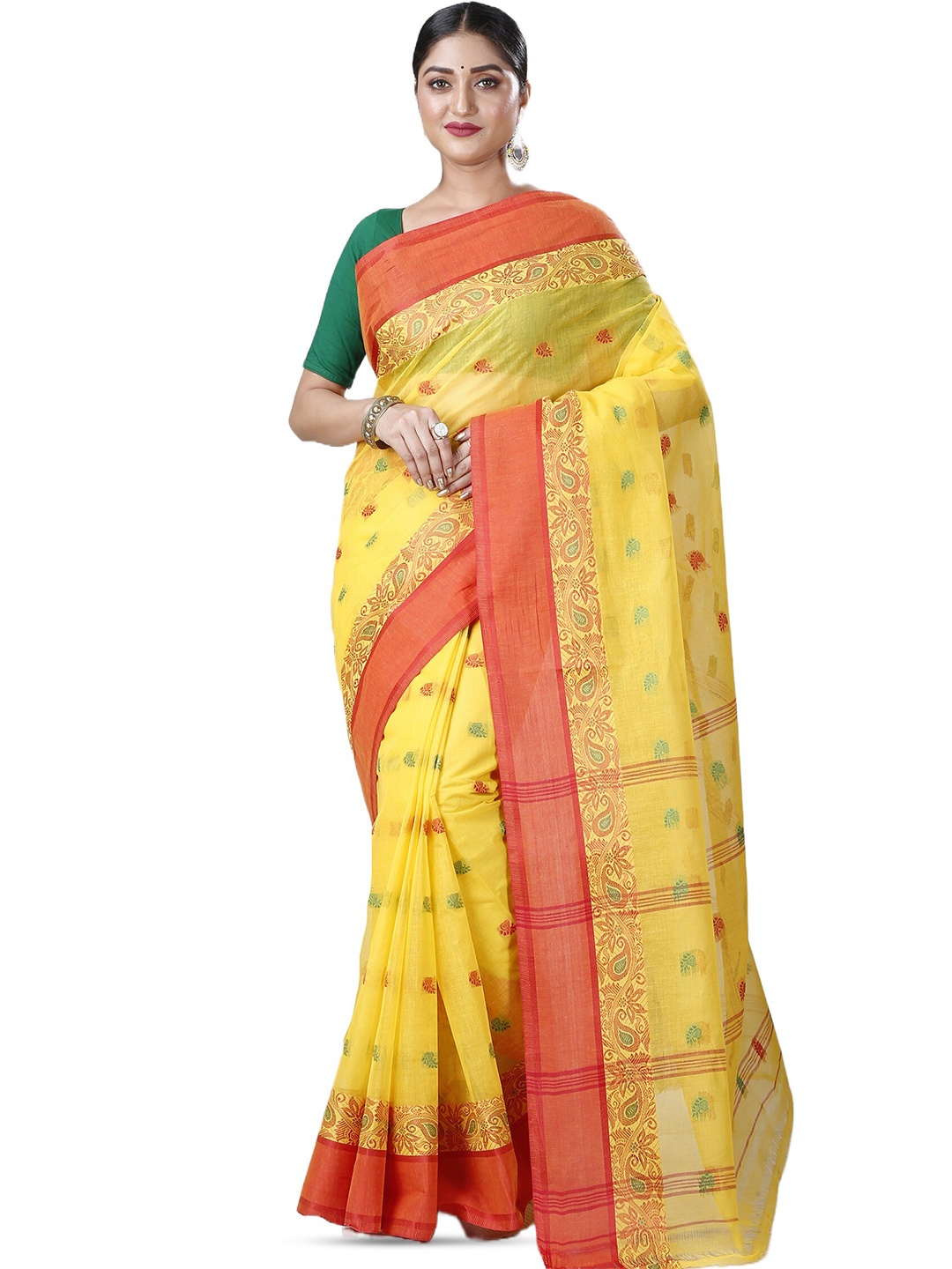 

DipDiya Ethnic Motifs Woven Design Pure Cotton Taant Saree, Yellow