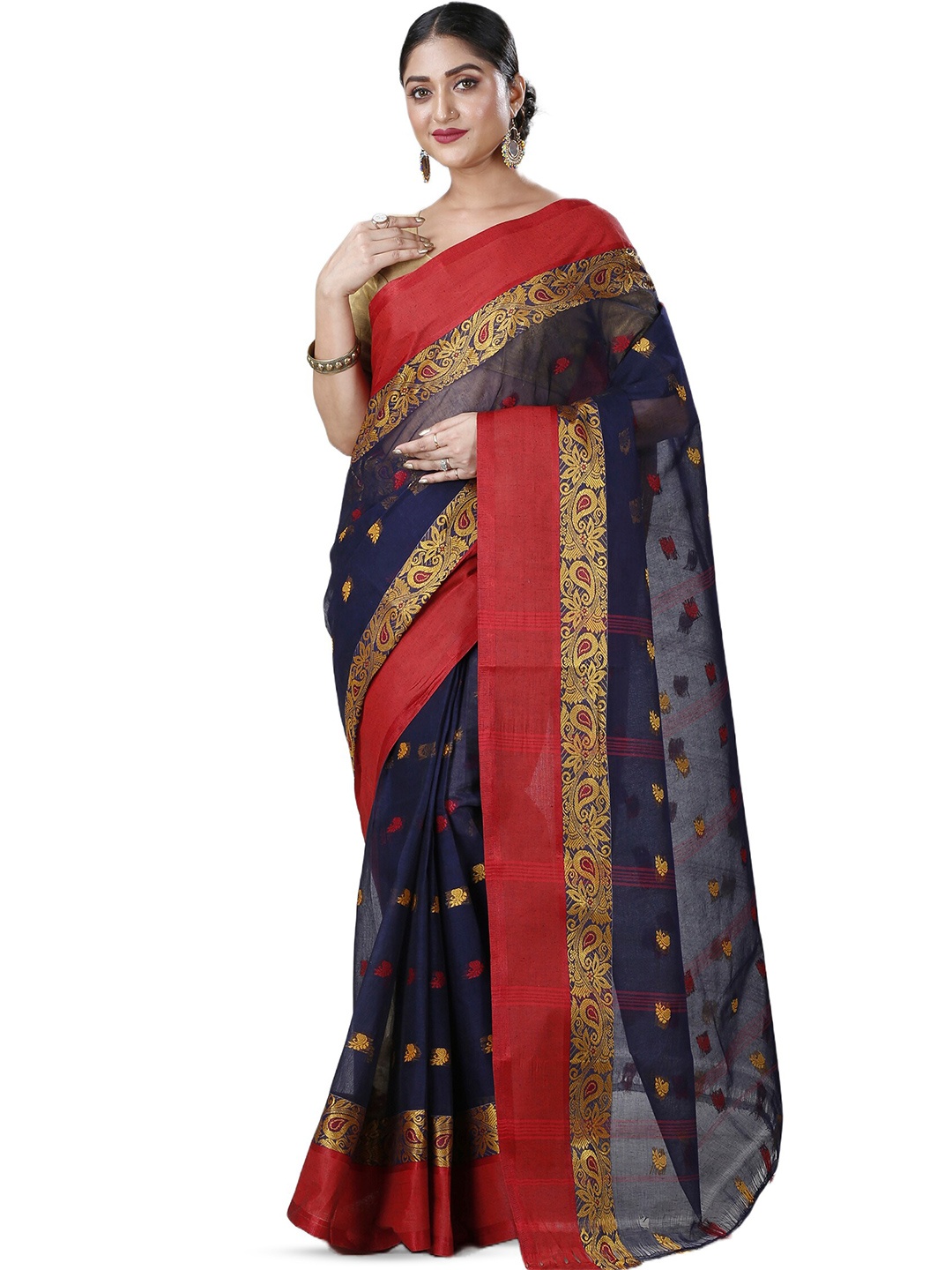 

DipDiya Ethnic Motifs Woven Design Pure Cotton Taant Saree, Blue