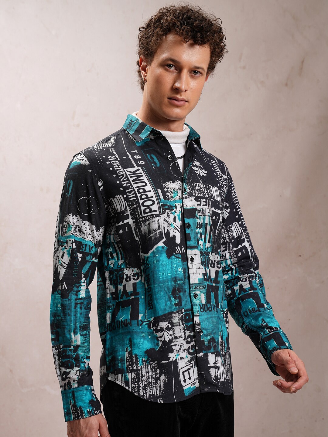 

LOCOMOTIVE Slim Fit Abstract Printed Luxe Satin Party Shirt, Blue