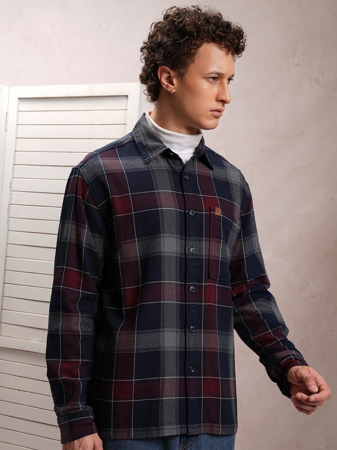

LOCOMOTIVE Premium Fit Tartan Checked Dobby Textured Oversized Shacket, Navy blue