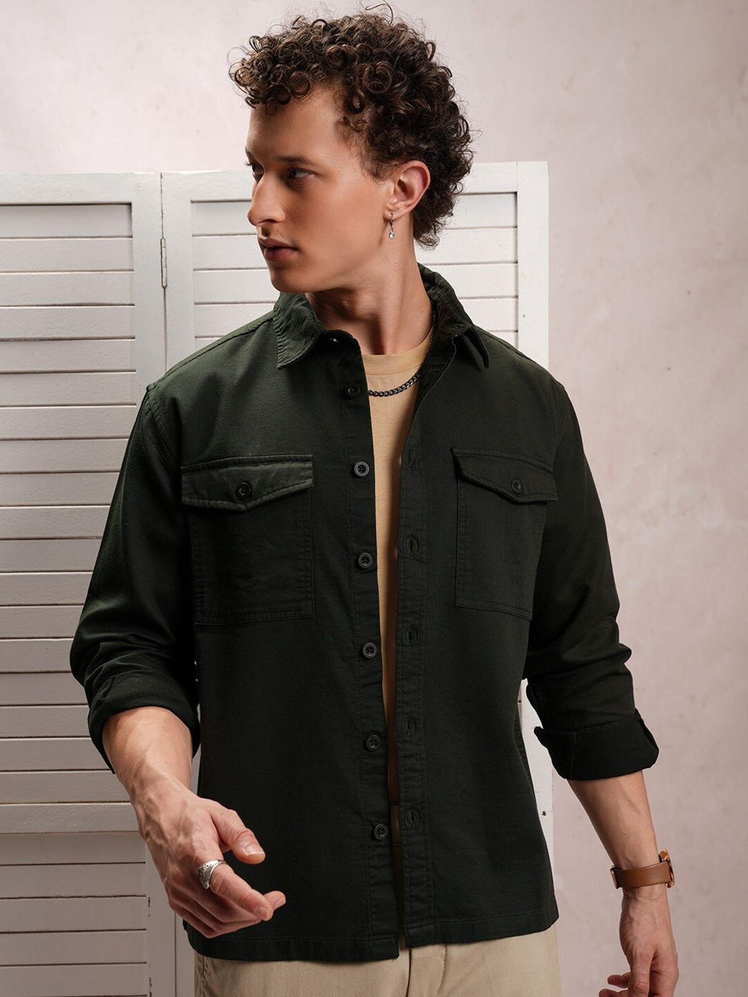 

LOCOMOTIVE Premium Dobby Textured Utility Pocket Overshirt, Olive