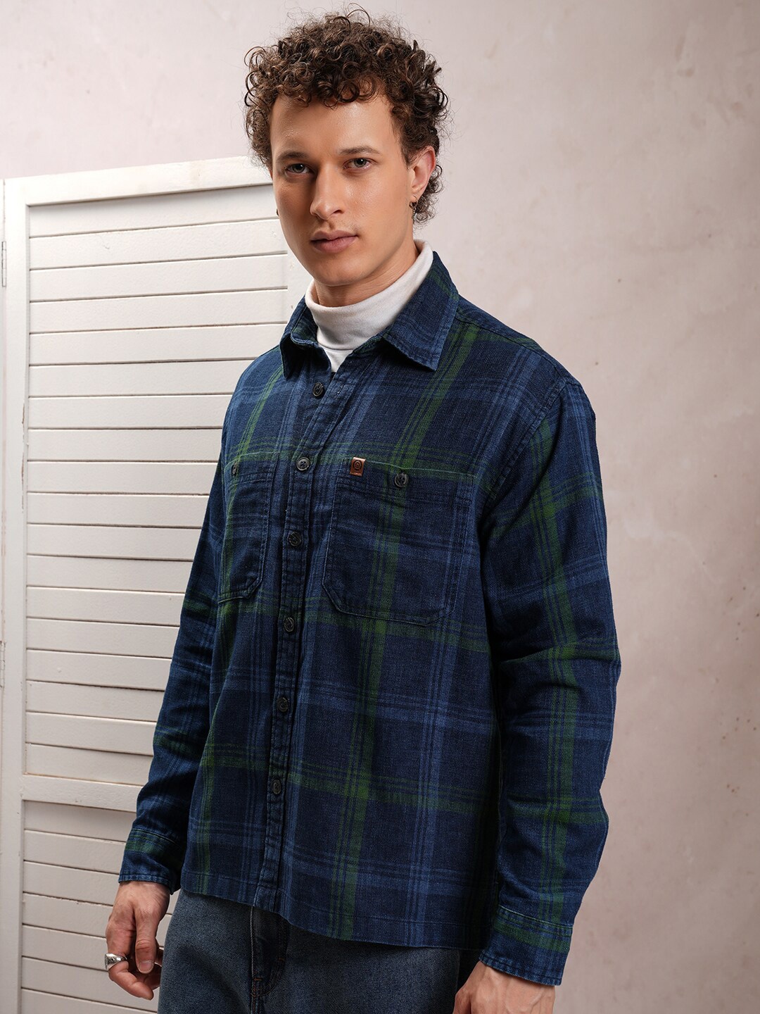 

LOCOMOTIVE Premium Dobby Textured Checked Utility Pocket Overshirt, Blue
