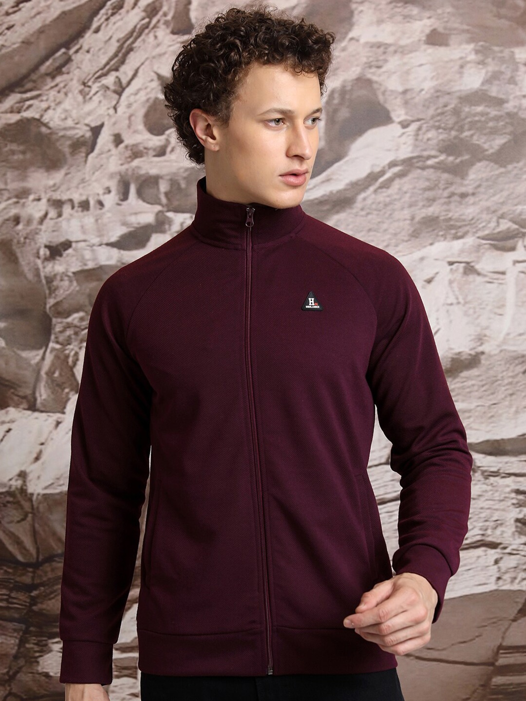 

HIGHLANDER Mock Collar Front-Open Sweatshirt, Burgundy