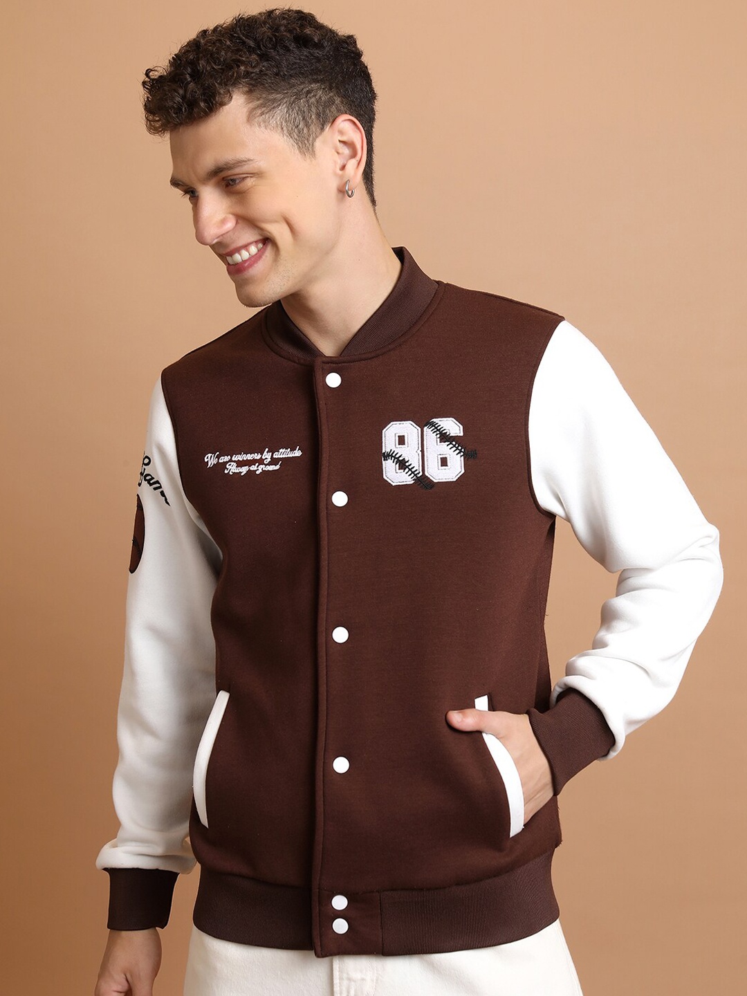 

HIGHLANDER Typography Printed Varsity Jacket, Brown