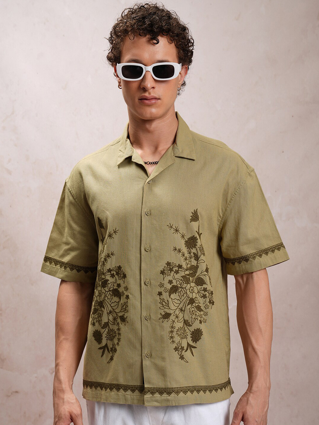 

HIGHLANDER Embroidered Casual Cotton Linen Oversized Shirt, Olive