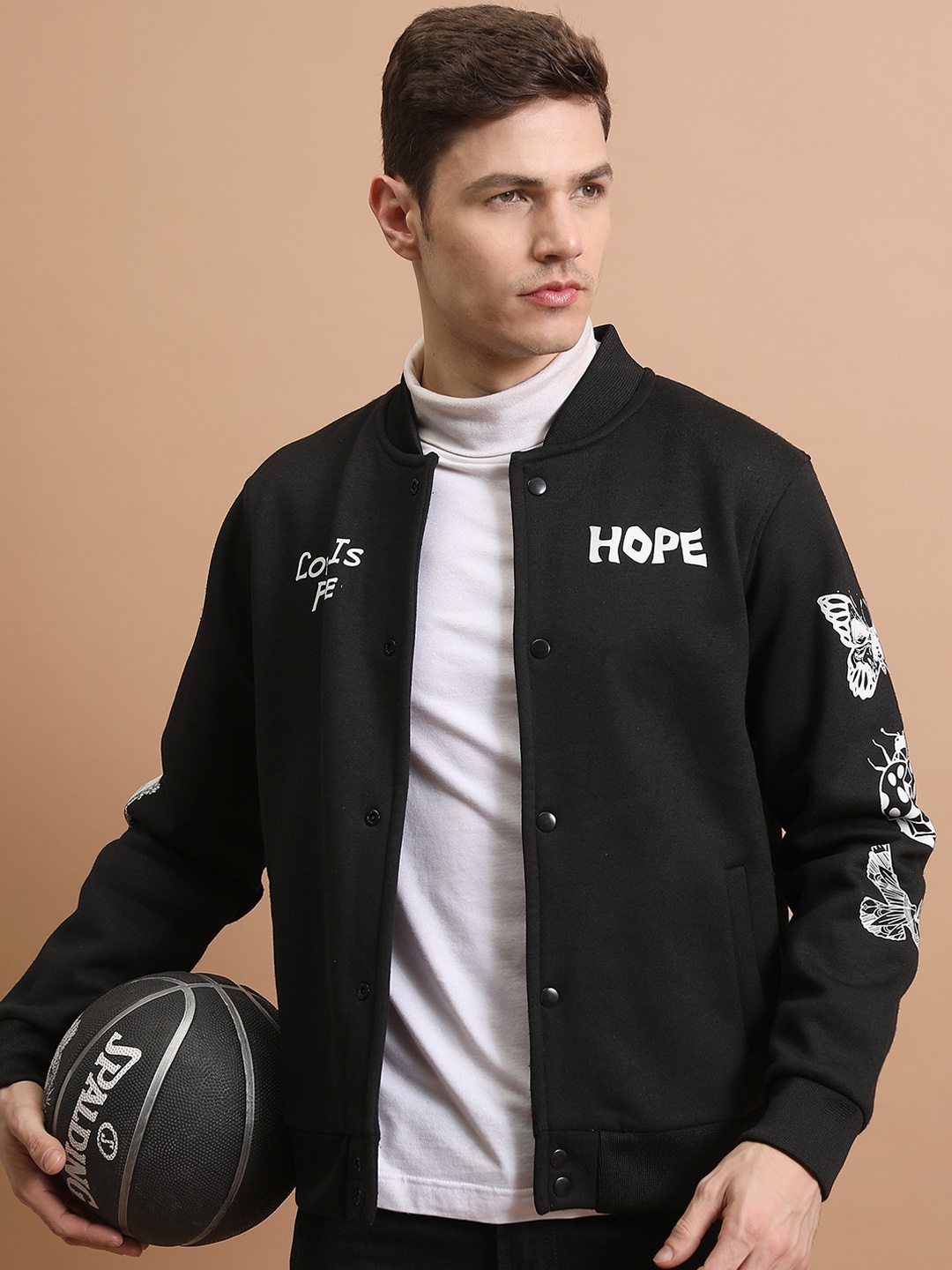 

HIGHLANDER Stand Collar Printed Bomber Jacket, Black