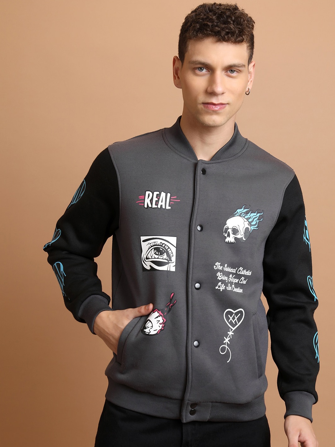 

HIGHLANDER Stand Collar Printed Bomber Jacket, Grey